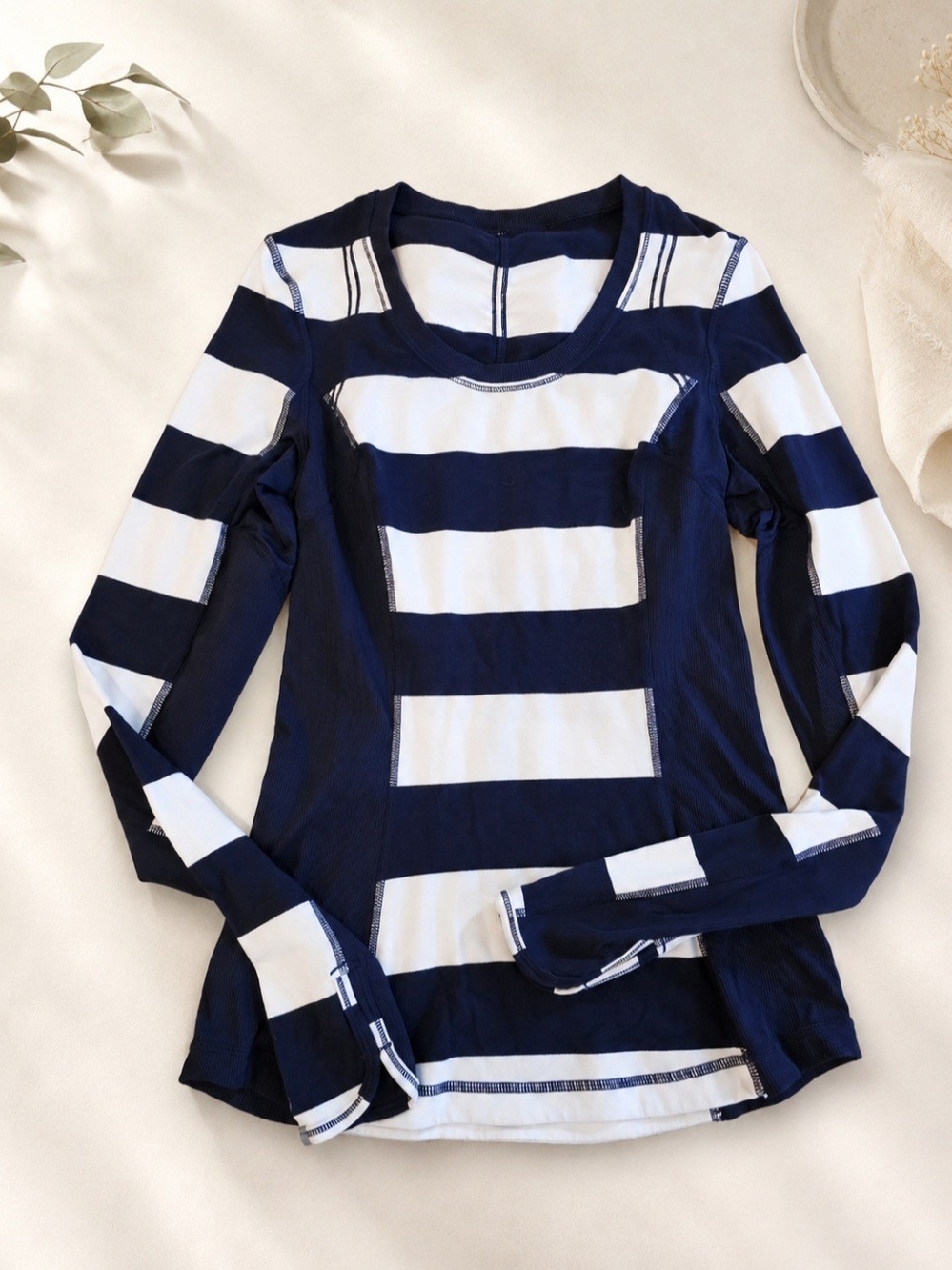 lululemon athletica Navy and White Striped Long-Sleeve Top